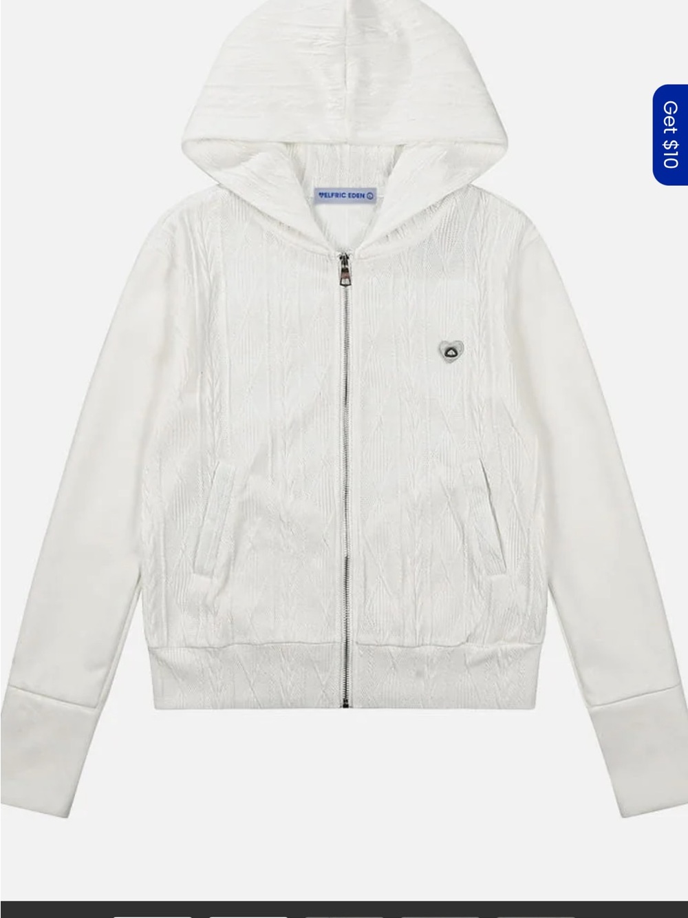 Aelfric Eden White Textured Zip-Up Hoodie with Silver Zipper
